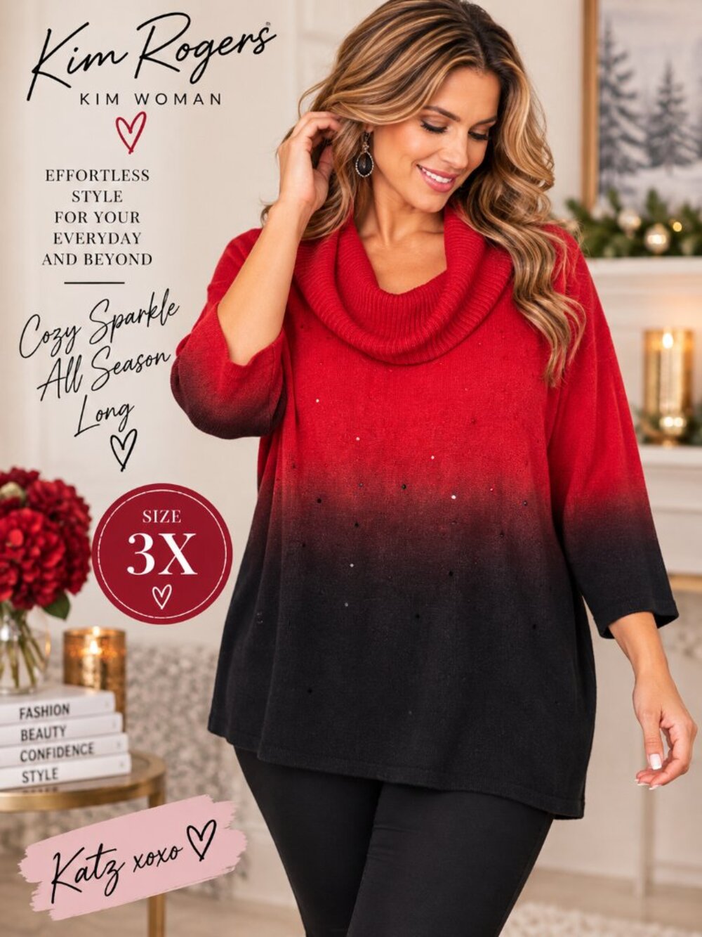 Kim Rogers Red Black Ombre Sweater 3X Cowl Neck Rhinestone Plus Sparkle Tunic